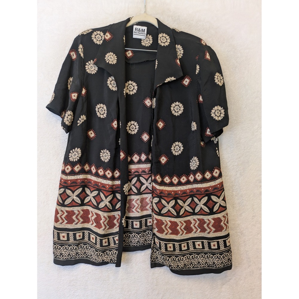 R&M Richards Open Front Shirt Men's XL Black Geometric Floral Border Print Boho